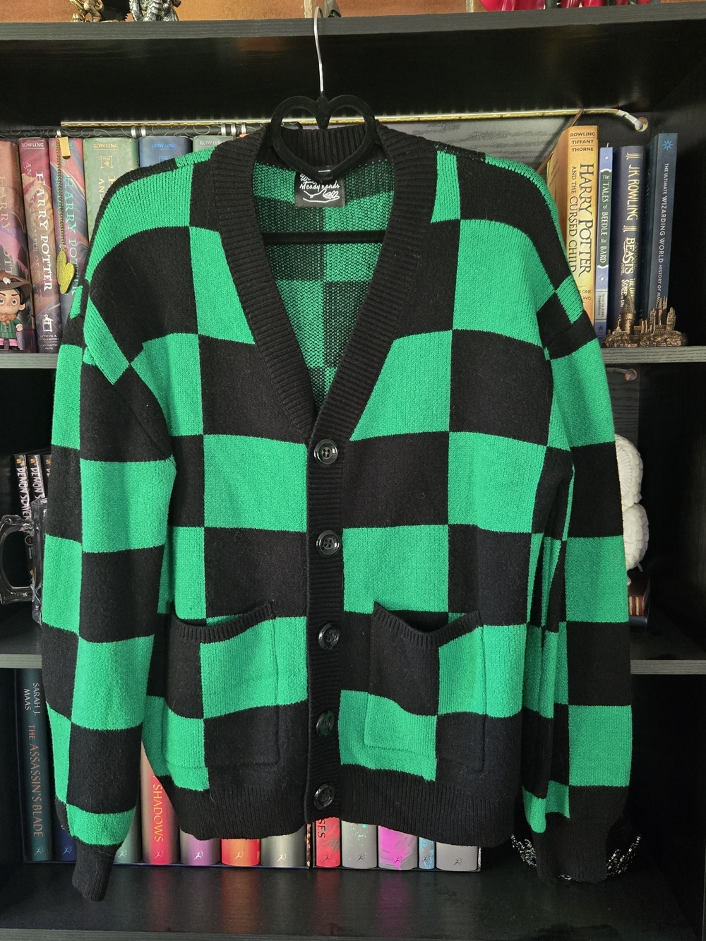 Steady Hands Unisex Green & Black Checkerboard Cardigan Sweater